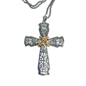 Tancer-II Large Ornate Cross Silver Pewter and Gold 30 In Long Byzantine Chain